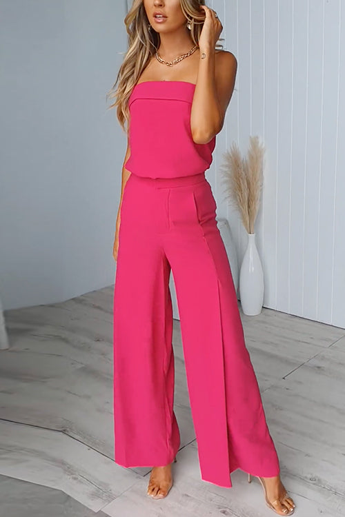 Chic Strapless Tube Top and Pocketed Wide Leg Pants Set HotPink