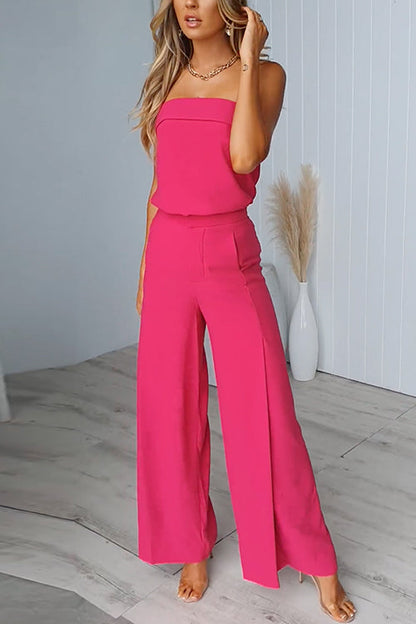 Chic Strapless Tube Top and Pocketed Wide Leg Pants Set HotPink