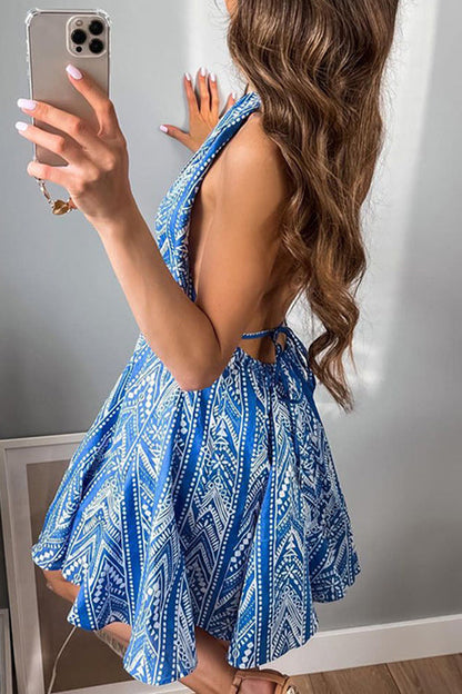 Rosiedress Halter V Neck Open Back Printed Mini Vacation Dress