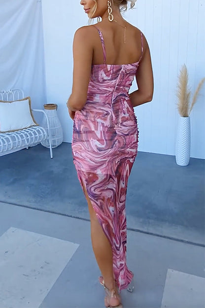 Spaghetti Strap V Neck Printed Swirl Maxi Dress