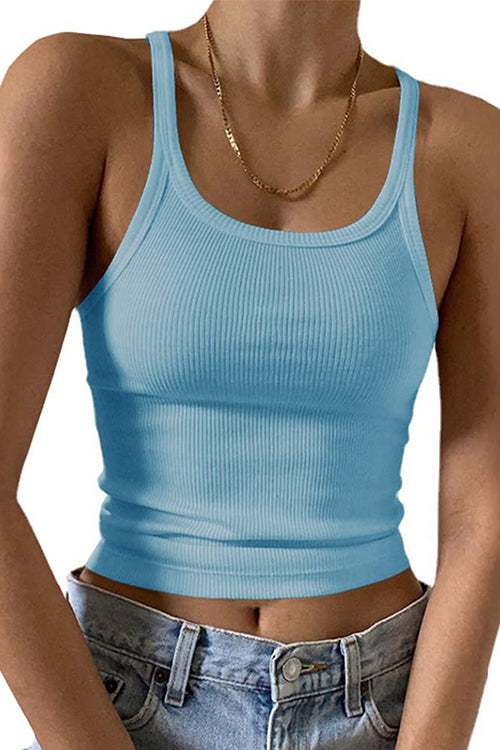 Stretchy Ribbed Knit Crop Cami Top LightBlue