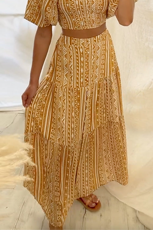 Ruffle Tiered Aztec Boho Print Maxi Skirt Gold