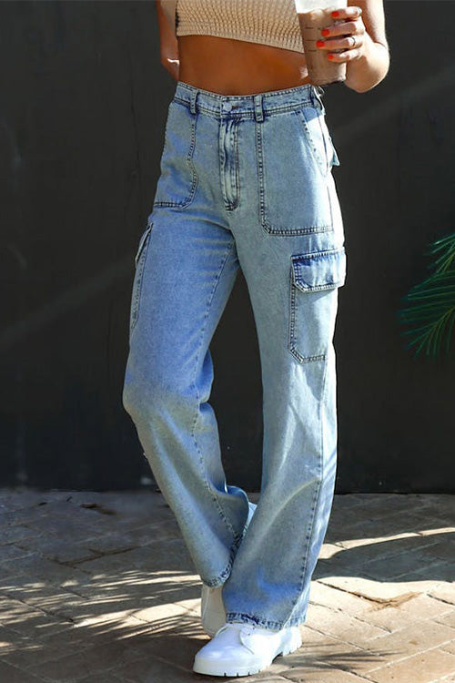 Rosiedress Distressed Pockets Denim Cargo Pants LightBlue