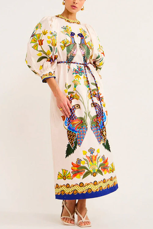 Rosiedress 3/4 Puff Sleeves Back Slit Birdie Printed Maxi Dress