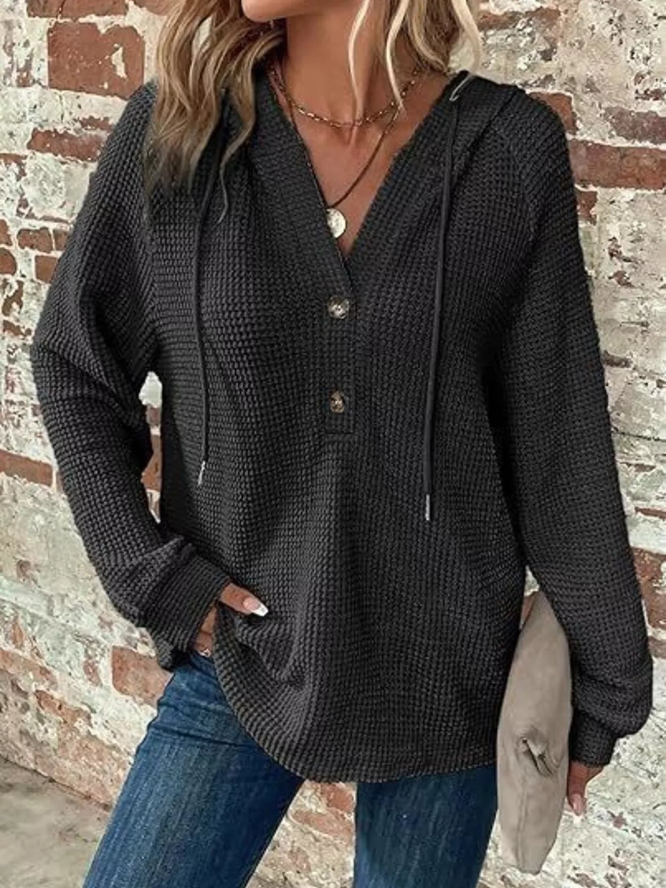 Full Size Waffle Knit Half-Button Hoodie Plus Size