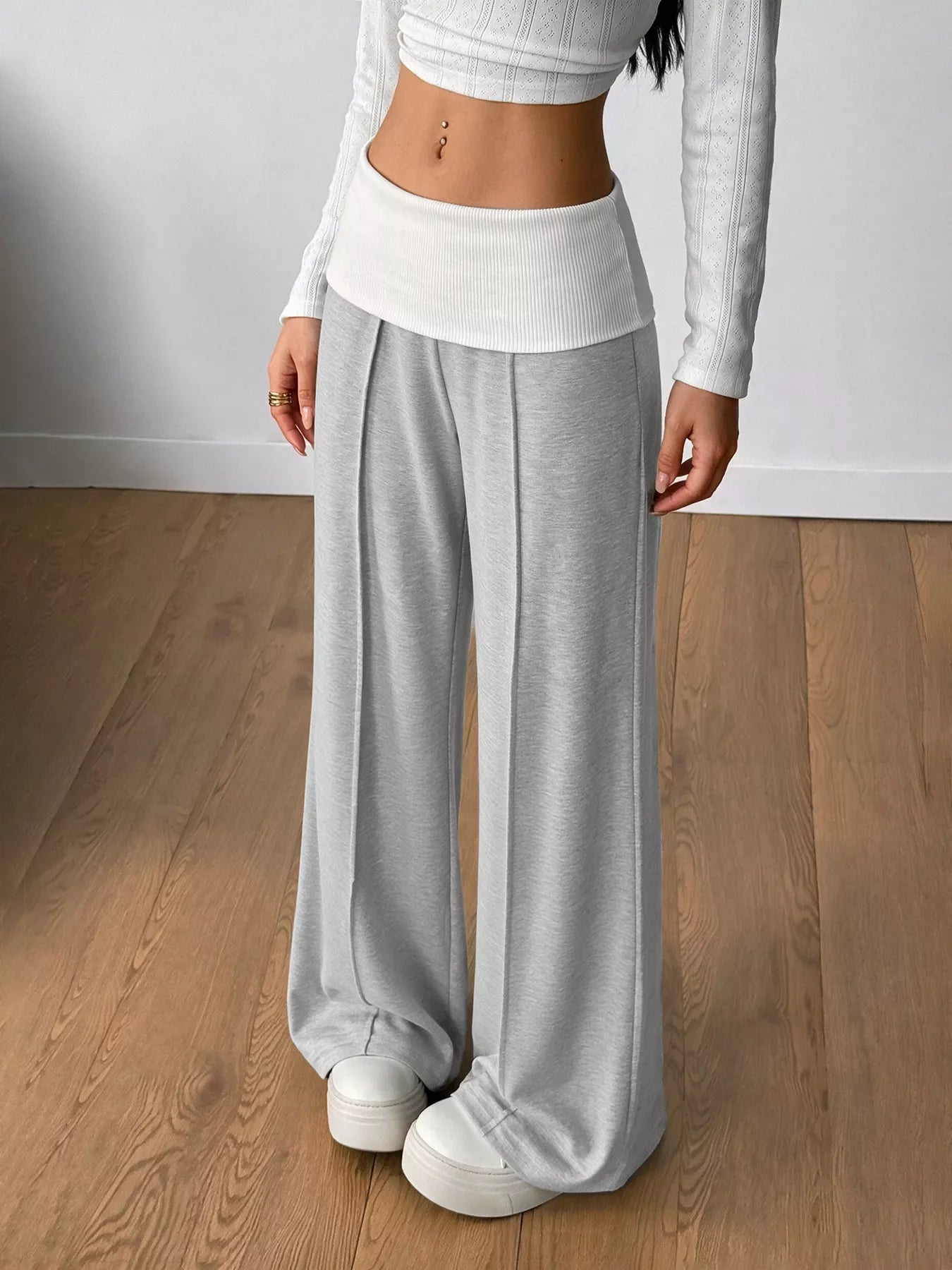 High-Waisted Wide-Leg Contrast Pants