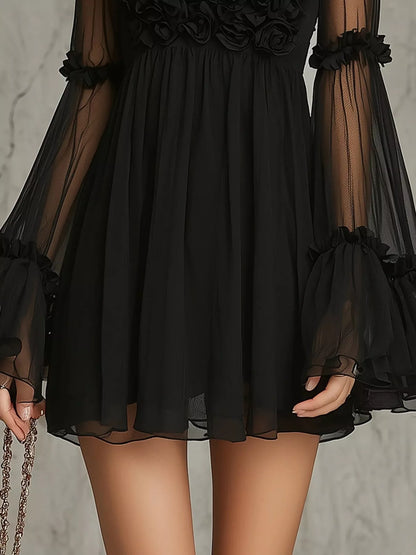 Sheer Mesh Rose Applique Mini Dress