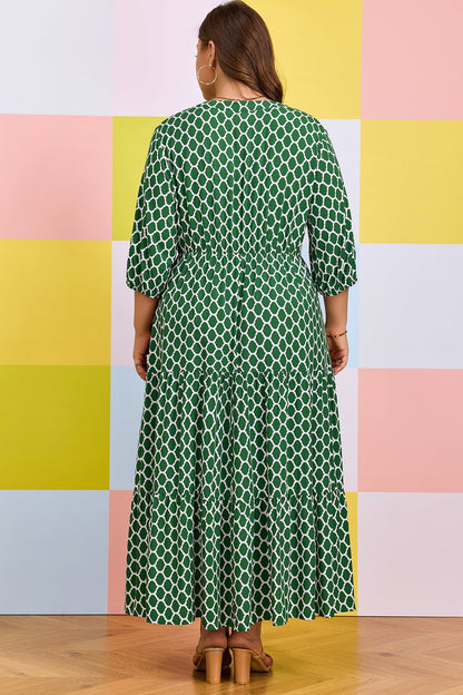 Green Plus Size Geometric Print Pocketed Ruffle Hem Casual Dress