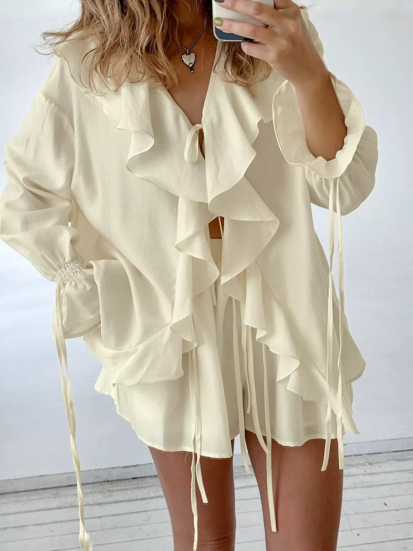 Ruffled Tie Front Blouse and Shorts Set