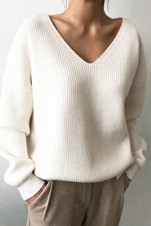 Rosiedress Solid V Neck Irregular Hem Knit Pullovers White OneSize