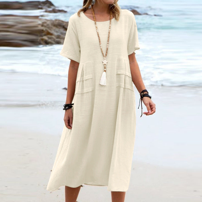 Round Neck Short Sleeves Mid-length Dress