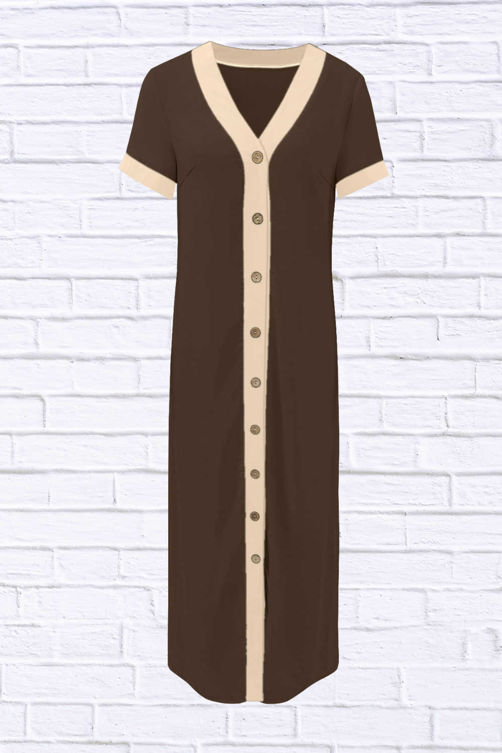 Button-Front Contrast Trim Midi Dress