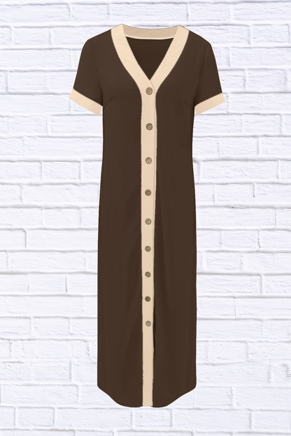 Button-Front Contrast Trim Midi Dress
