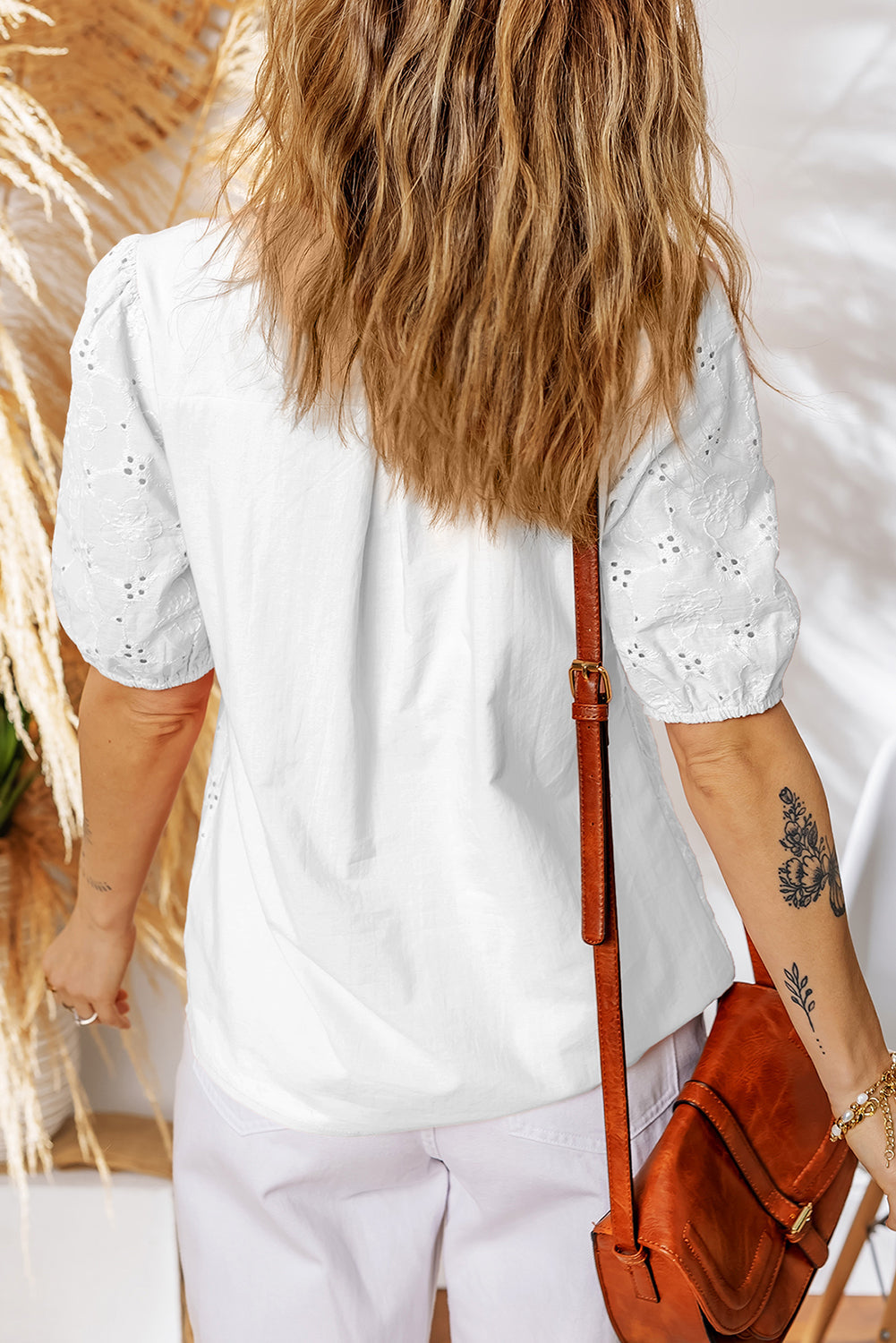 Sky Blue Lace Crochet V Neck Half Sleeve Embroidery Button Down Blouses Casual Shirts