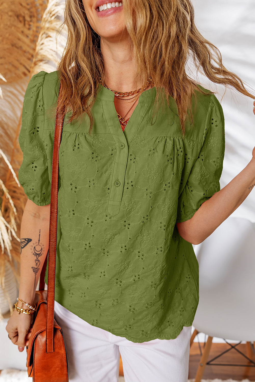 Sky Blue Lace Crochet V Neck Half Sleeve Embroidery Button Down Blouses Casual Shirts