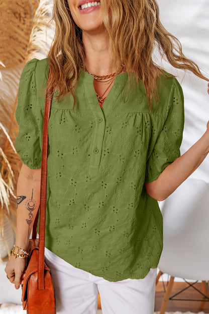 Sky Blue Lace Crochet V Neck Half Sleeve Embroidery Button Down Blouses Casual Shirts