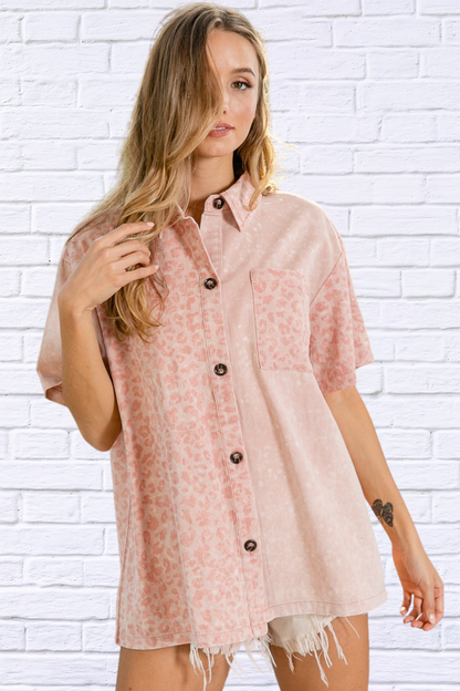 Unleash Your Wild Side – Dusty Pink Mineral Washed Leopard Print Shirt