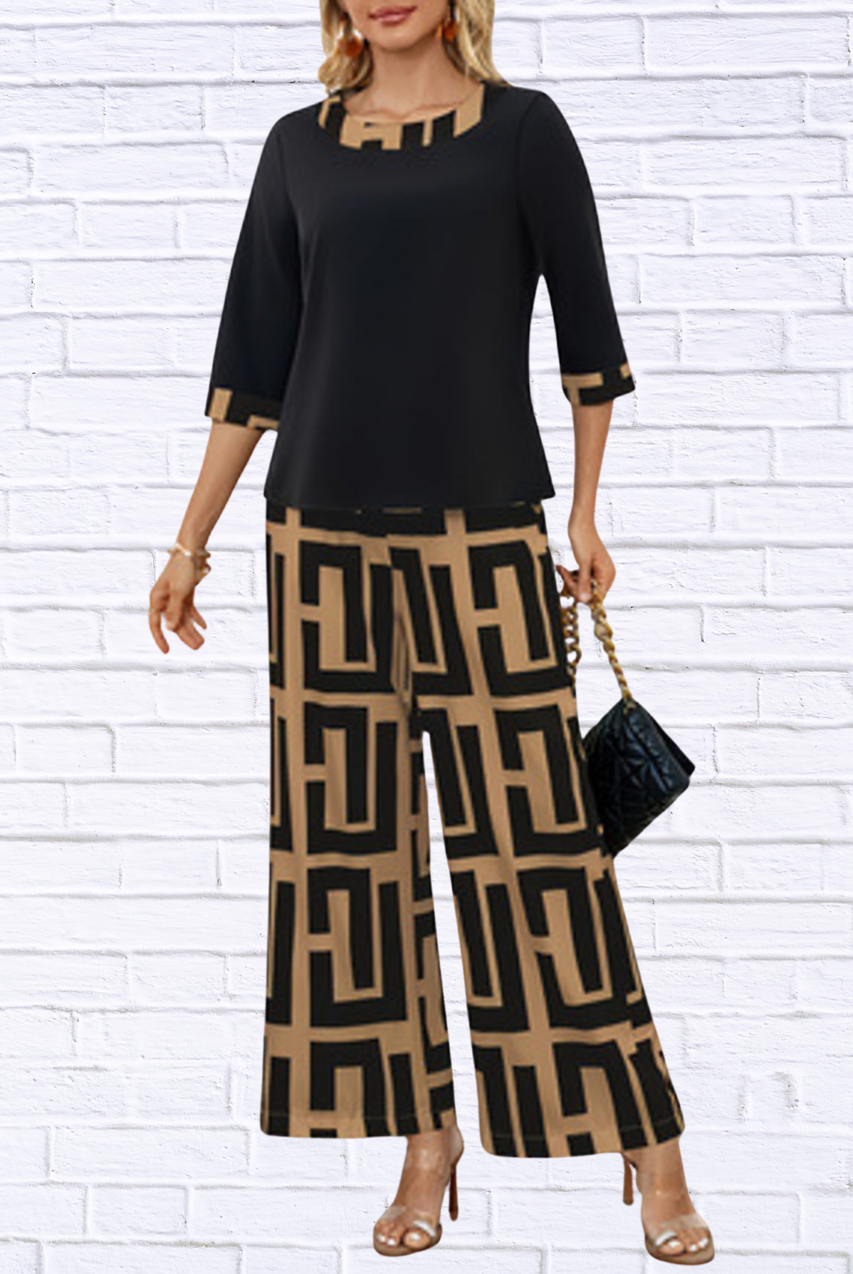 Geometric Print Round Neck Top and Pants Two-Piece Set