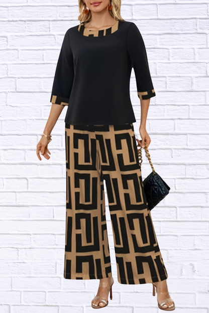 Geometric Print Round Neck Top and Pants Two-Piece Set