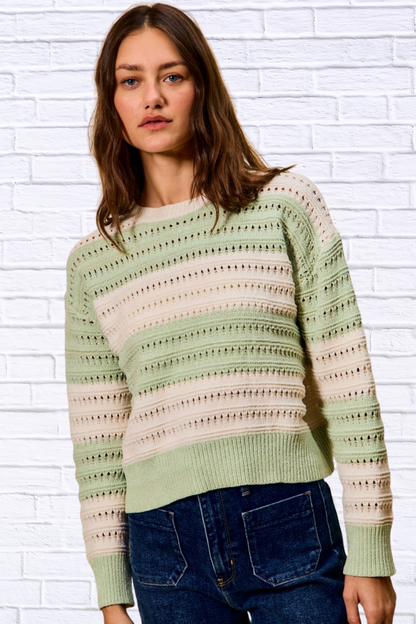 Wendy Openwork Round Neck Wide Stripe Textured Sweater