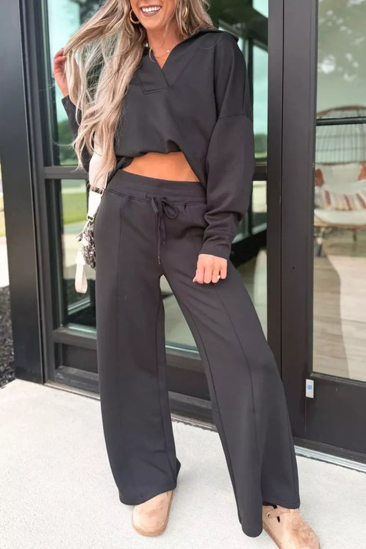 Collared V Neck Pullover Sweatshirt Sweatpants Set