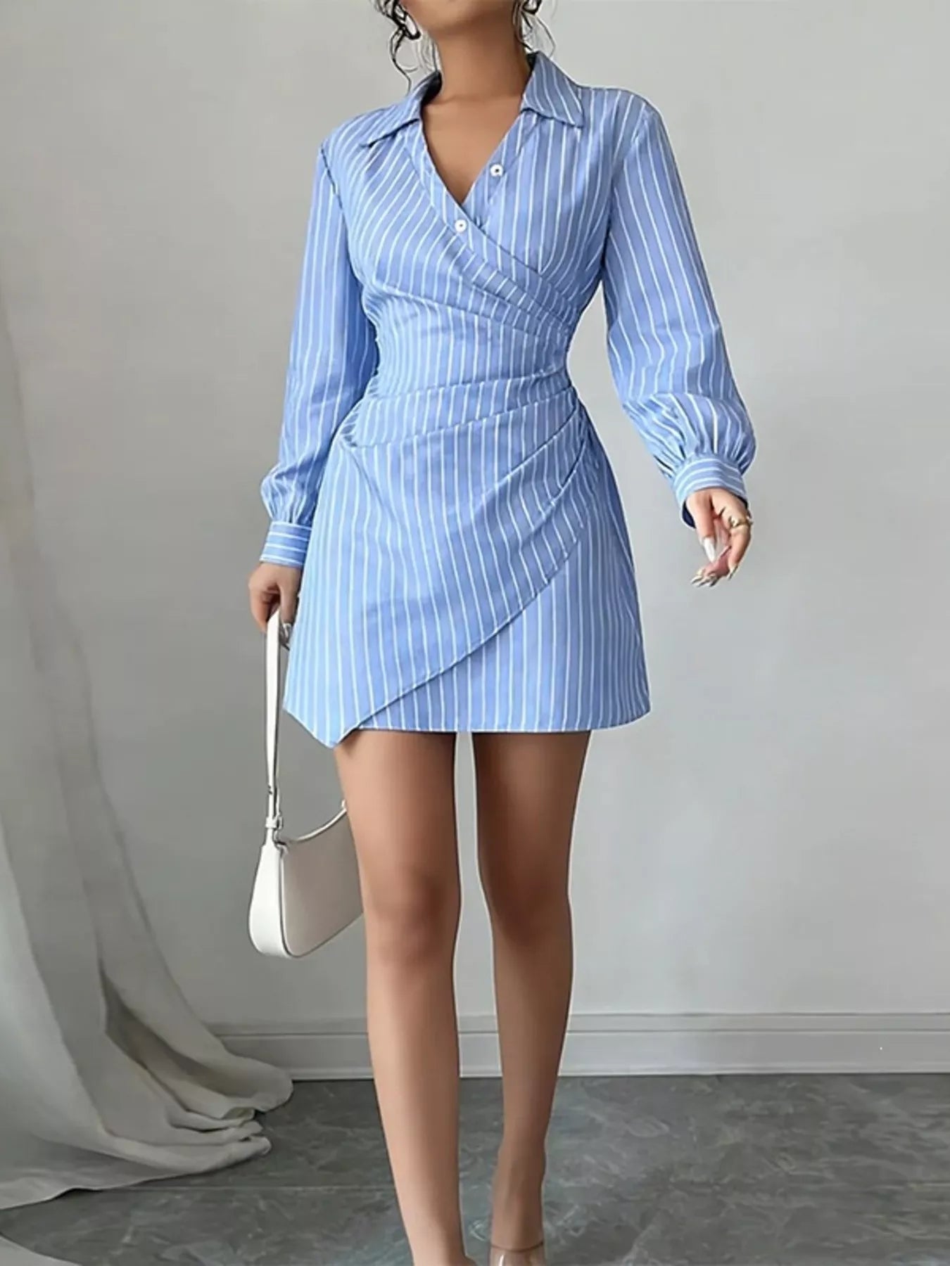 Full Size Striped Long Sleeve Shirt Dress Plus Size