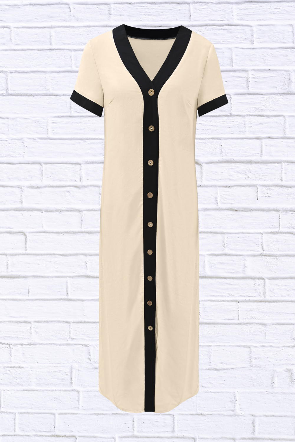 Button-Front Contrast Trim Midi Dress