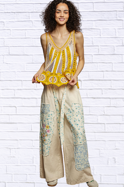 Lilly  Openwork Stripe Pattern Flowy Tank with Scalloped Edge