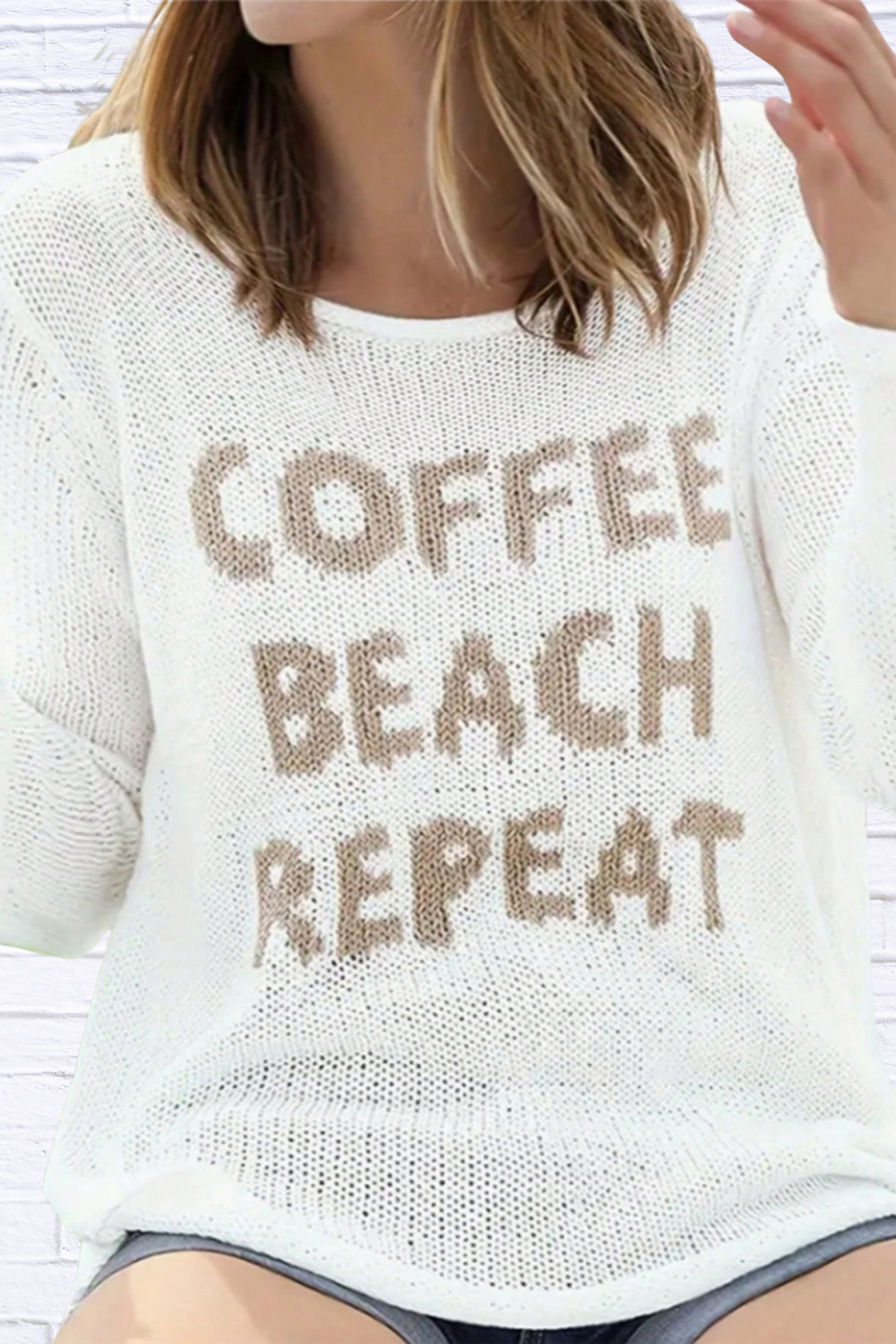 Coffee Beach Letter Side Slit Knit Top