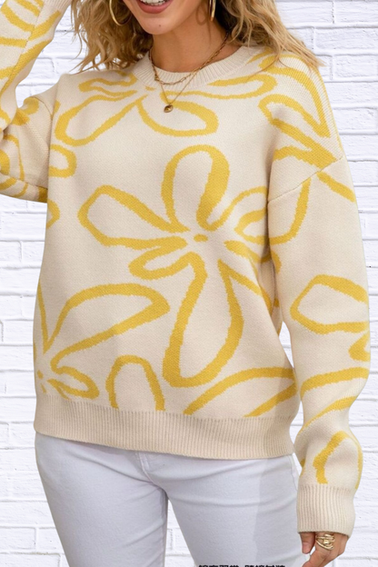 Flower Crew Neck Long Sleeve Sweater