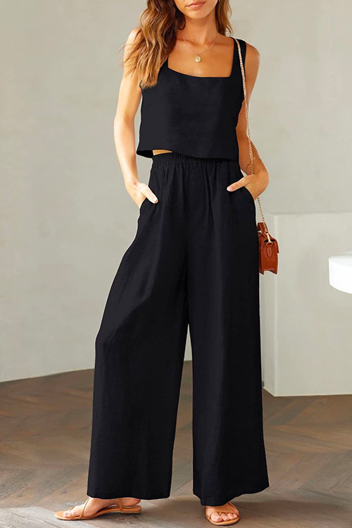 Square Collar Cami Crop Top Wide Leg Pants Cotton Linen Set Black