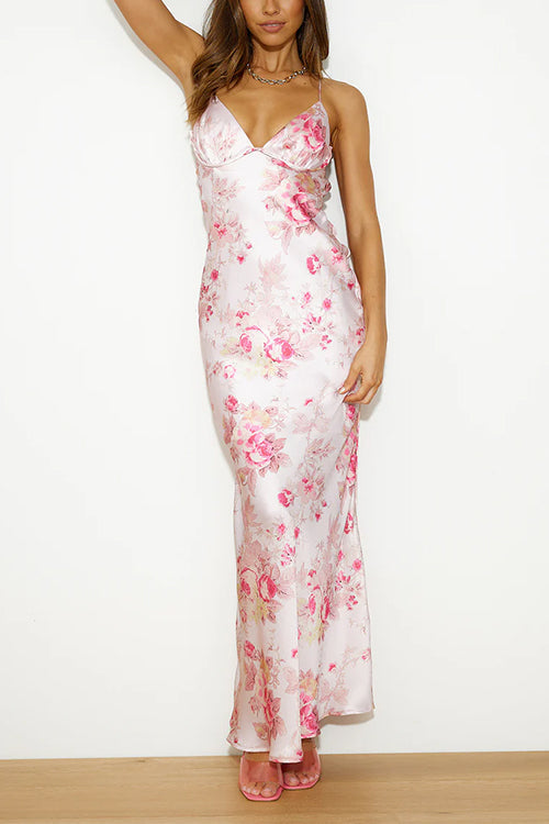 V Neck Open Back Floral Print Satin Maxi Cami Dress