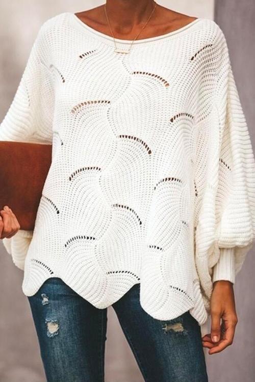 Rosiedress Solid Irregular Hem Lantern Sleeve Knit Sweater White