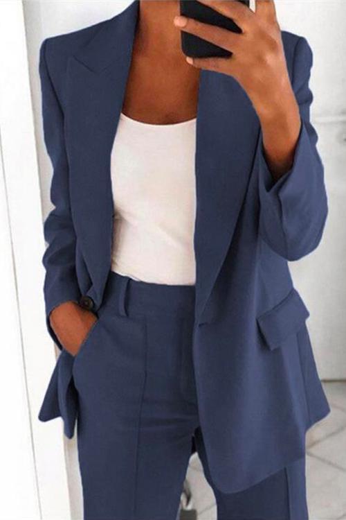 One Button Solid Office Blazer Jacket DarkBlue