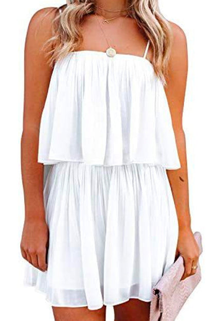 Solid Waisted Ruffle Pleated Cami Shorts Romper White