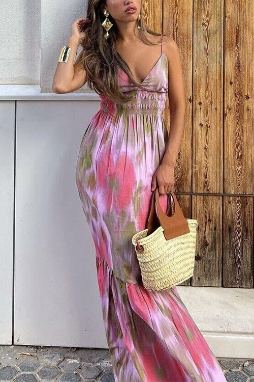 Rosiedress V Neck Open Back High Waist Tie Dye Maxi Vacation Dress