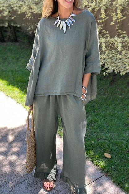 Cotton Linen 3/4 Sleeves Pullover Top Wide Leg Ruffle Hem Pants Set ArmyGreen