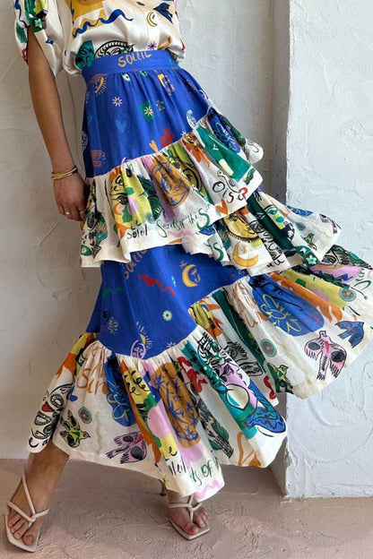 Rosiedress Graffiti Printed Ruffle Layered Skirt Blue