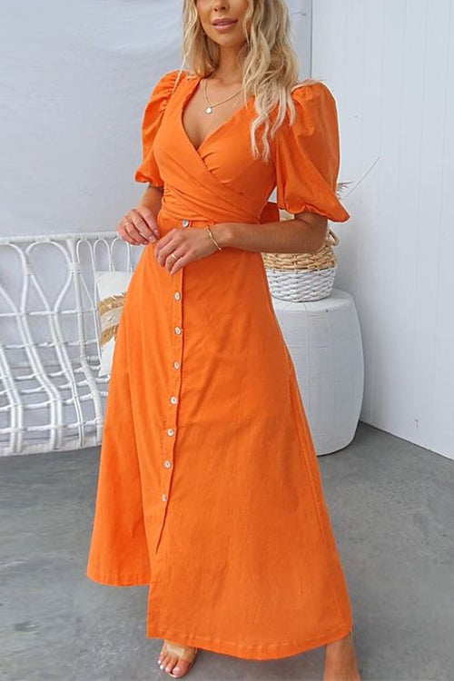 Wrap V Neck Bow Back A-line Maxi Dress Orange