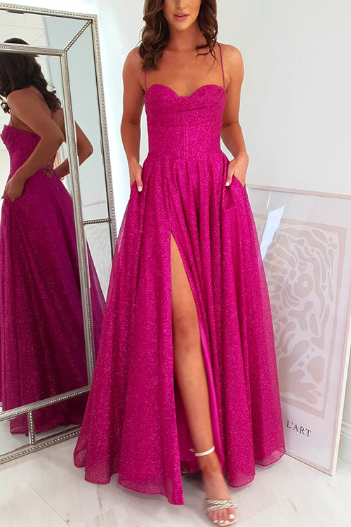 Rosiedress Lace Up Backless High Slit Corset Glitter Maxi Gown Dress HotPink