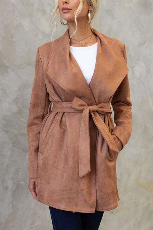 Rosiedress Collared Open Front Faux Suede Coat with Belt