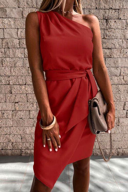 One Shoulder Sleeveless Tie Waist Ruched Dress Red