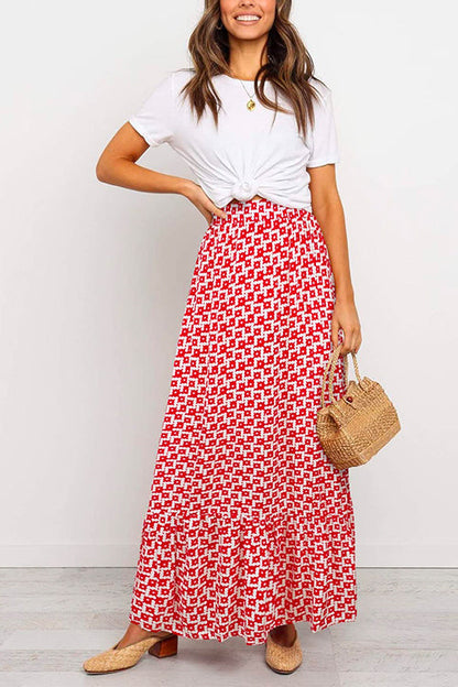 High Waist Bohemia Printed Maxi Ruffle Beach Skirt Red