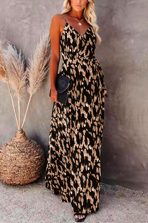 Wrap V Neck Tie Waist Printed Flowy Maxi Cami Dress Light Brown