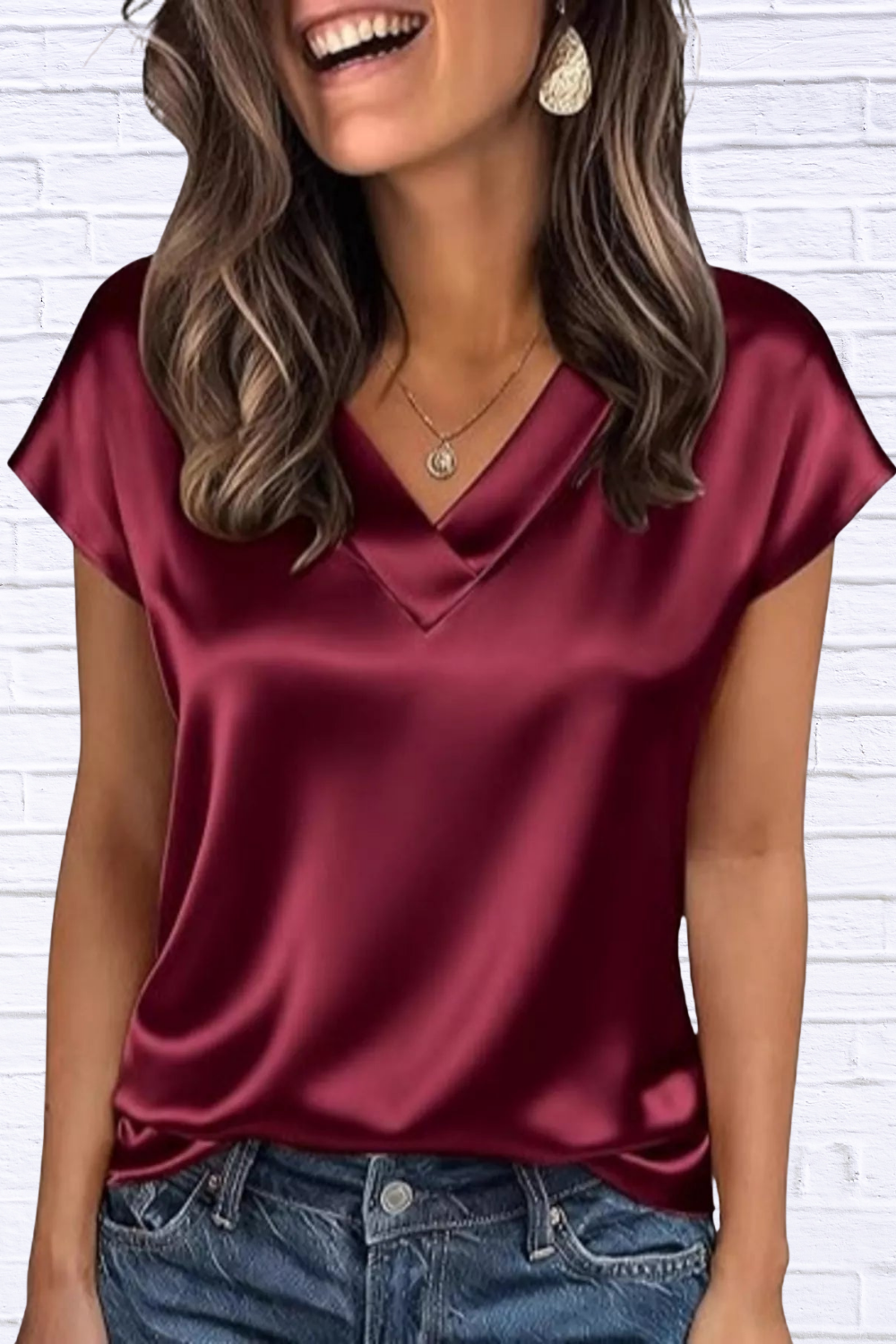Satin V-Neck Short Sleeve Blouse