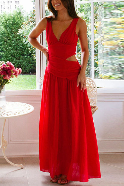V Neck Sleeveless Cut Out Swing Maxi Dress