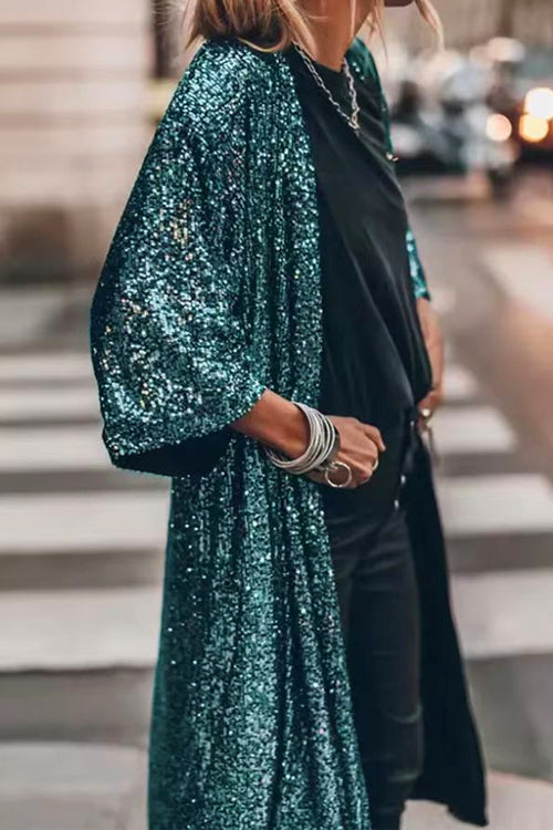 3/4 Sleeves Open Front Sequin Shinny Midi Cardigan Green