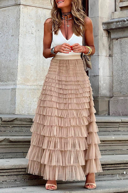 Ruffle Layered Mesh A-line Long Tulle Skirt Khaki