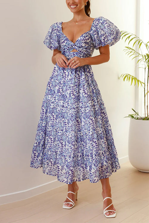 Rosiedress V Neck Twist Front Cut Out Waisted Floral Maxi Ruffle Dress Blue