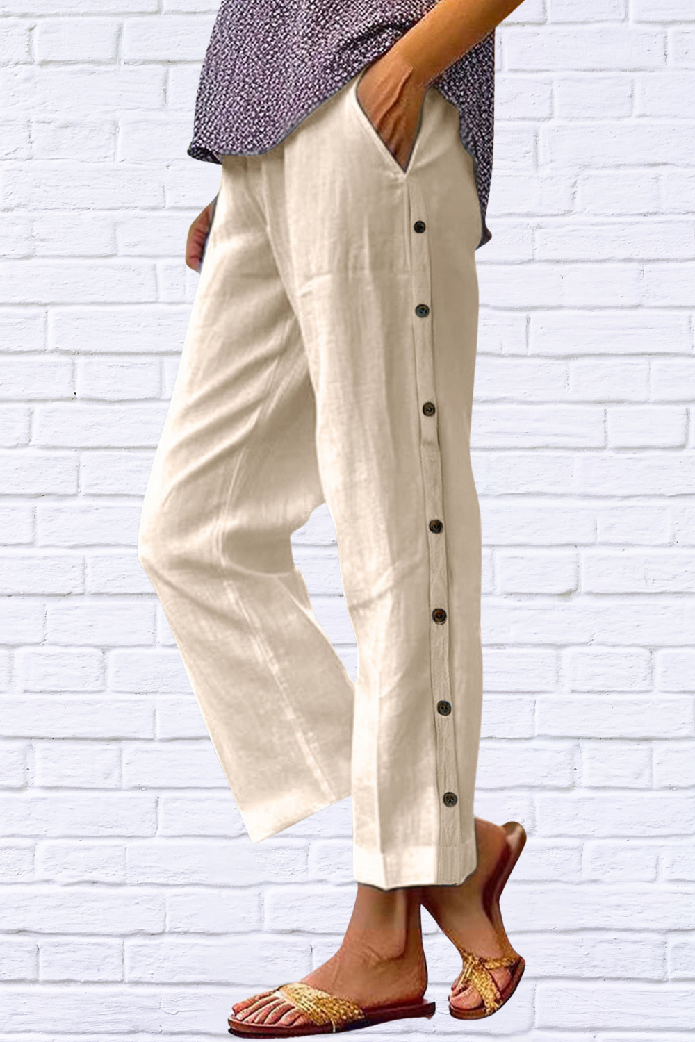 Full Size Side Decor Button Casual Wide Leg Pants Plus Size